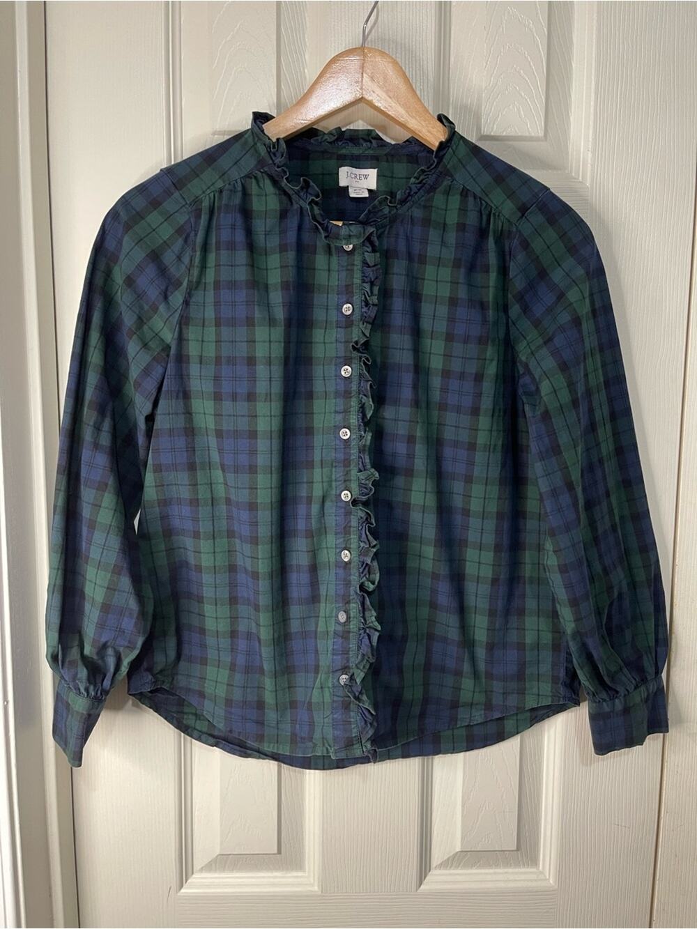 J Crew Green Plaid Preppy Academia Button Front Ruffle Shirt size Small Petite